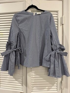 Gingham Bell-Sleeve Tie Blouse - Navy/White